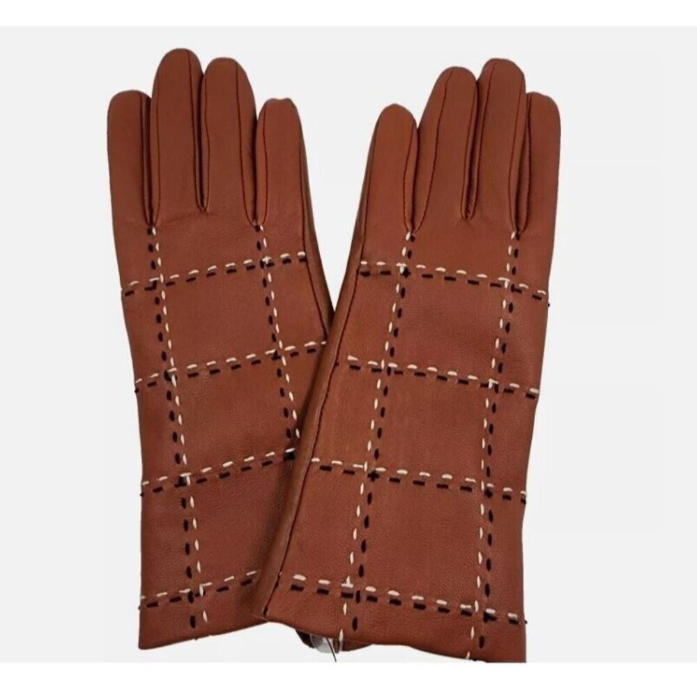 CHARTER CLUB plaid stitched lined touchscreen women's leather gloves -Tan-MEDIUM
